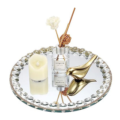 Hipiwe Mirror Glass Vanity Tray Sparkling Crystal Perfume Tray Round Decorative Tray Gorgeous Makeup Organizer Tray Jewelry Trinket Tray for Bathroom Dresser Table, 10.6 inch