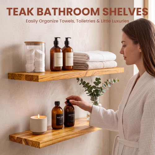 24 Inch Teak Floating Shelves, Set of 2 – Wall Mount Shelves for Bathroom - color: Raw Teak, size: 24"L, 2-Pack