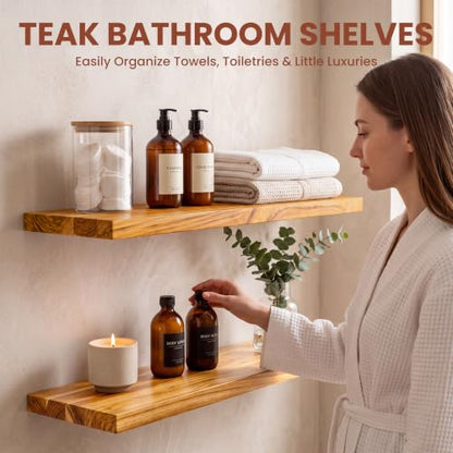24 Inch Teak Floating Shelves, Set of 2 – Wall Mount Shelves for Bathroom - color: Raw Teak, size: 24"L, 2-Pack