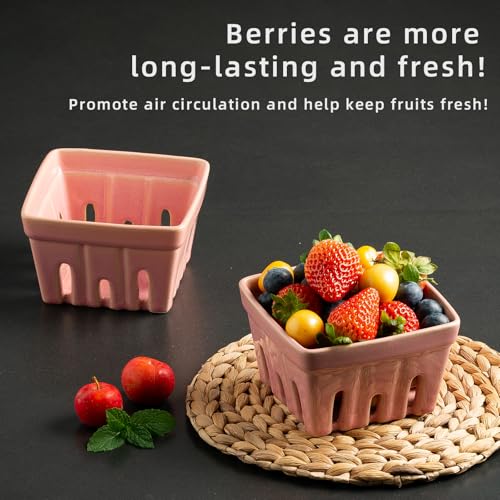 Ceramic Berry Basket, 4.2" Colander Set of 2 with Holes - color: Pink, size: 4 inch