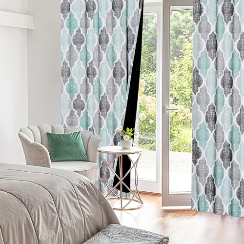 Beauoop Moroccan 100% Blackout Curtains Bedroom Aqua Grey 50x63 2 Panels - color: Rod Pocket | Aqua and Grey, size: 50"W x 63"L (Pack of 2)