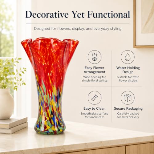LCCCK 9.0" H Red Glass Vases for Flower, Unique Hand Blown Glass Vase - color: Red Green