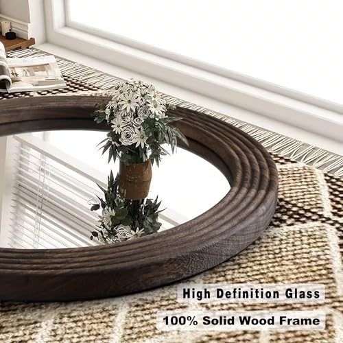 LOSOUR Round Mirror, Farmhouse Decor Solid Wood Frame Wall Circle Mirror, Decorative Mirrors for Bathroom Over Sink, Living Room, Entryway,Bedroom, Entryway, Hallway,Foyer (1, Coffee, 24" L x 24" W) - color: Coffee