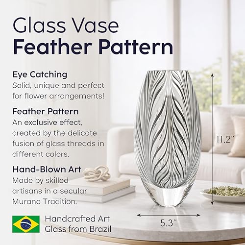 Murano Style Glass Vase Hand Blown Black and White Feather Pattern Effect - color: Black and White
