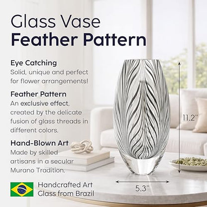 Murano Style Glass Vase Hand Blown Black and White Feather Pattern Effect - color: Black and White