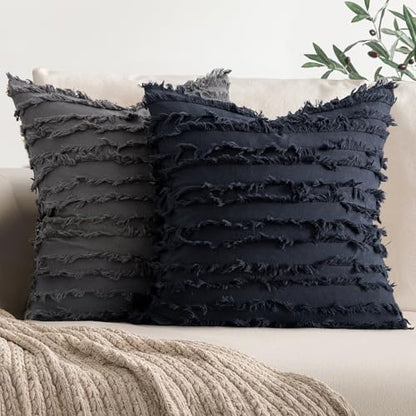 MIULEE Boho Linen Striped Throw Pillow Covers 18x18, Navy Blue - color: Navy Blue, size: 18" x 18" (Pack of 2)