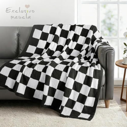 Exclusivo Mezcla Checkered Knit Throw Blanket for Couch, Black - color: Black, size: Throw (50"x60")