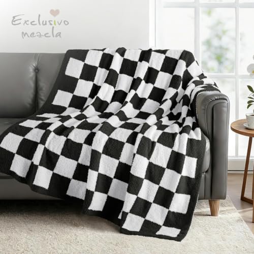 Exclusivo Mezcla Checkered Knit Throw Blanket for Couch, Black - color: Black, size: Throw (50"x60")