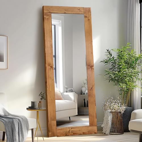 65x24in Full Length Mirror, Solid Wood Convex Frame, Light Brown - color: Light Brown-convex Frame, size: 65"L x 24"W
