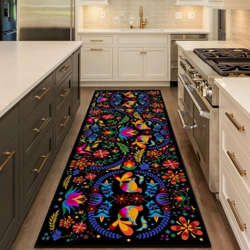 Mexican Floral Runner Rugs for Hallway, Mexican Talavera-Themed Kitchen Runner 2'x'6 Non-Slip Black Rug Carpet for Hallways Kitchen Laundry Bedroom Bathroom Machine Washable - color: Mexican Floral, size: 2' x 6'