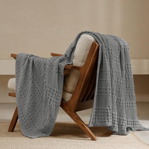 PHF Lightweight 100% Cotton Waffle Throw Blanket for Couch, Dark Grey - color: 12 Dark Grey, size: Throw(50"x60")