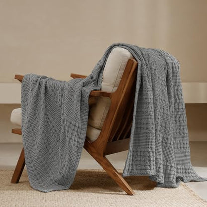 PHF Lightweight 100% Cotton Waffle Throw Blanket for Couch, Dark Grey - color: 12 Dark Grey, size: Throw(50"x60")