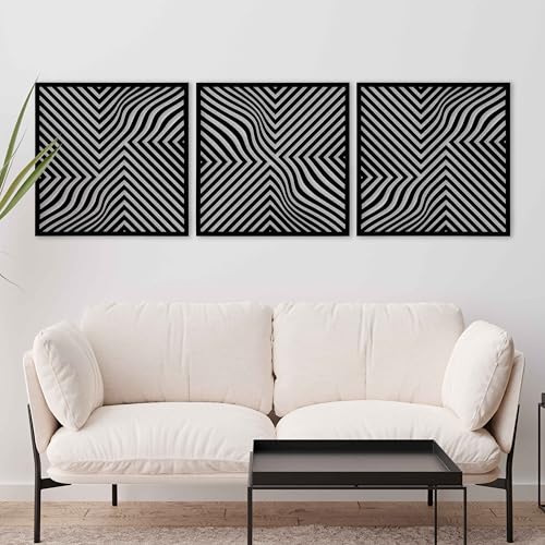 Modern Optical Wave Wood Wall Art Set, Extra Large Mid Century Wooden Decor, 3 Piece Geometric Flow Line Panels, Abstract Home Accent for Living Room and Bedroom