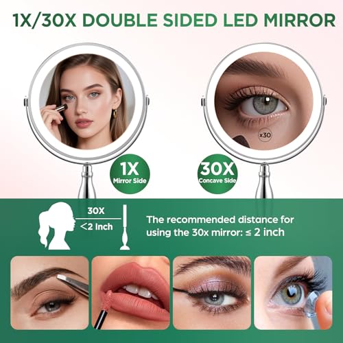 30x Magnifying Mirror, Chrome Lighted Makeup Mirror with 3 Colors Modes - color: Chrome