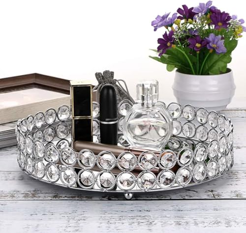 Hipiwe Crystal Make up Tray, Mirror Perfume Tray Bathroom Storage Trays Jewelry Trinket Trays Vanity Cosmetic Organizer Home Decor, Birthday Gift for Women(Round 9.8 Inch)