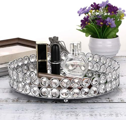 Hipiwe Crystal Make up Tray, Mirror Perfume Tray Bathroom Storage Trays Jewelry Trinket Trays Vanity Cosmetic Organizer Home Decor, Birthday Gift for Women(Round 9.8 Inch)