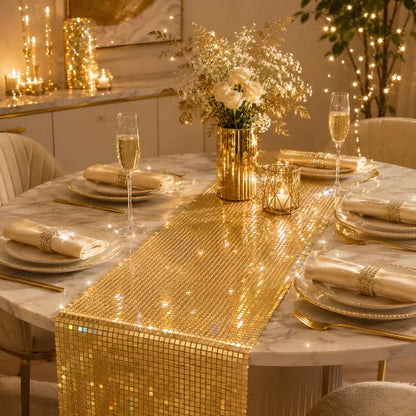 Disco Party Decorations - Gold Glitter Disco Table Runner - color: Gold Sequin Glitter