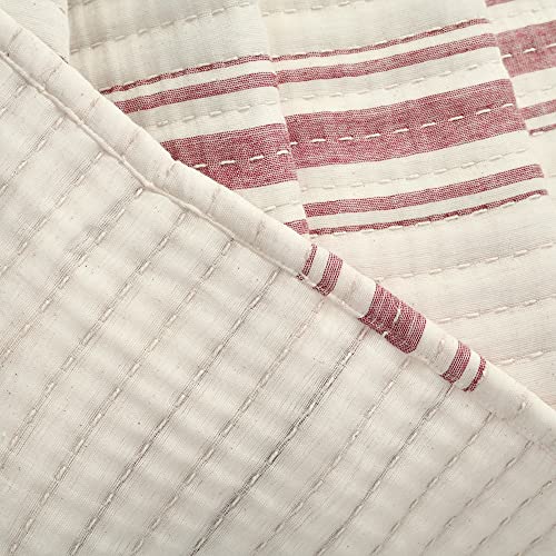 Lush Decor Farmhouse Stripe Kantha Pick Stich Yarn Dyed Cotton Woven Throw Reversible Ticking Pinstripe Design Blanket, 50" x 60", Red - color: Red