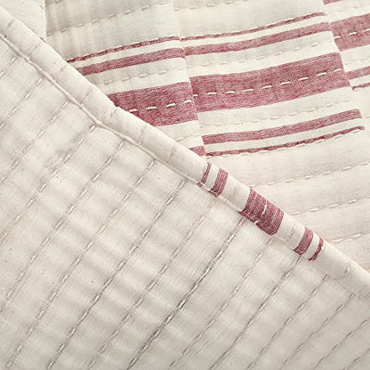 Lush Decor Farmhouse Stripe Kantha Pick Stich Yarn Dyed Cotton Woven Throw Reversible Ticking Pinstripe Design Blanket, 50" x 60", Red - color: Red
