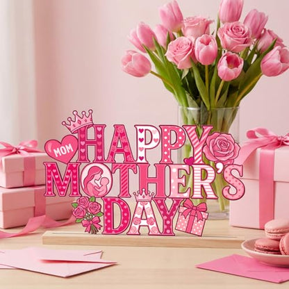 Roowest Metal Happy Mother's Day Tabletop Sign Decor with Wooden Base - style: Happy Mother's Day