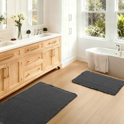 JIUZHEN Set of 2 Waffle Bathroom Rugs Boho Bath Mats 16"x24"+24"x36" Black - color: Black, size: 16"x24" + 24"x36"