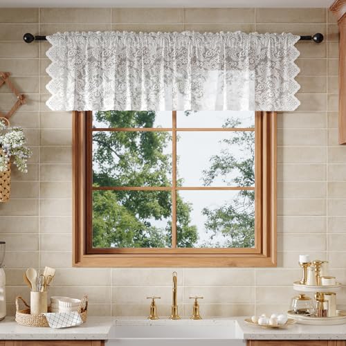 Rinwoc White Lace Semi-Sheer Kitchen Valance Curtains – Vintage Floral Lace Valance for Bedroom, Light Filtering Rod Pocket Window Treatment, Elegant Scalloped Valances, 1 Panel, 52W x 36L Inch - color: White Plume, size: 52"W x 36"L (Pack of 1)