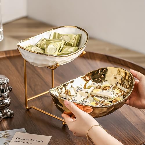 2-Tier Fruit Bowls for Kitchen Counter,Ceramic Bowl with Gold Metal Stand,2 Tier Fruit Basket for Fruit,Snack,Cake,Nuts,Dessert Space Saving Storage - color: Gold