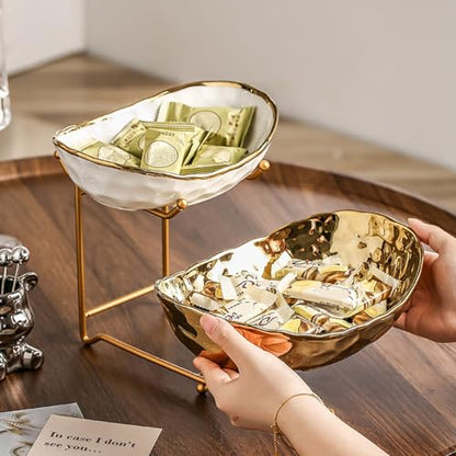 2-Tier Fruit Bowls for Kitchen Counter,Ceramic Bowl with Gold Metal Stand,2 Tier Fruit Basket for Fruit,Snack,Cake,Nuts,Dessert Space Saving Storage - color: Gold