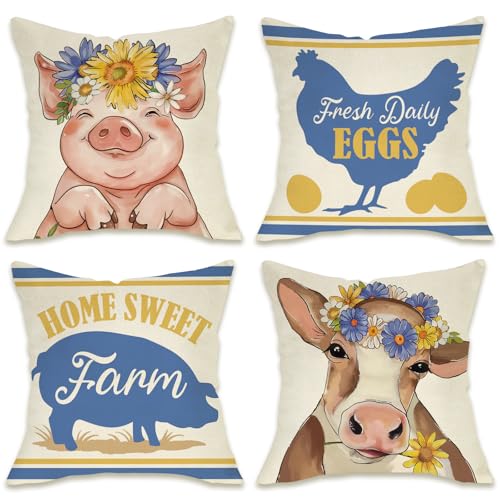 Fahrendom Farm Animals Decorative Throw Pillow Covers 18 x 18 Set of 4 - color: Pig Cow