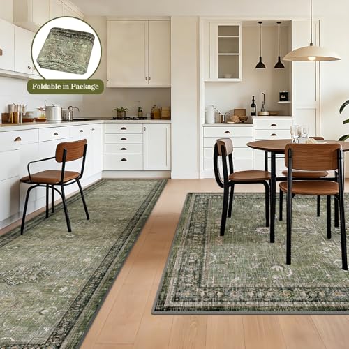 nesrt Vintage Washable 5x7 Area Rug, Dark Green Boho Low Pile Non-Slip Large Rug, Modern Traditional Neutral Floor Carpet for Living Room Bedroom Dining Room Office Farmhouse Decor - color: Vintage-green, size: 5' x 7' (Rectangular)