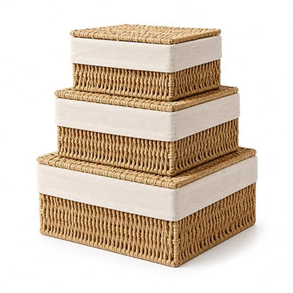 Storage Baskets with Lids Set of 3, Woven Bins with Liner - size: Small with Lids