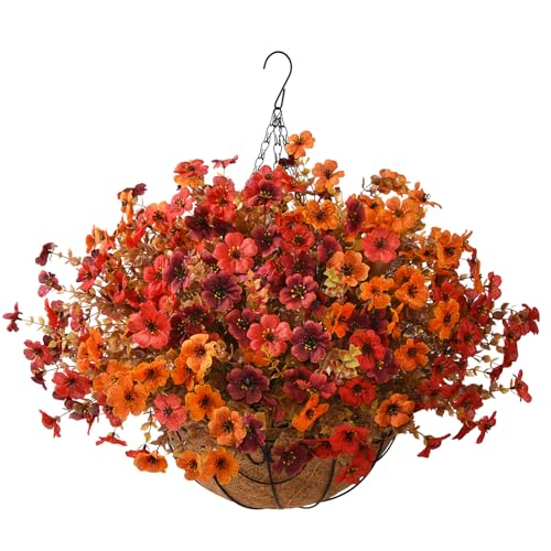 Artificial Fall Hanging Flowers Basket, UV Resistant Mums for Outdoors - color: Orange Brown Red