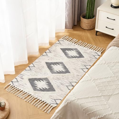 Boho Runner Rug, Washable Hallway Rug Runner Non Slip Rubber Backed, Kitchen Farmhouse Area Rug Floor Mat with Tassels, Tufted Woven Cotton Entryway Carpet (Grey, 2.3'x3.8') - color: Grey, size: 2'4" x 3'10" (Runner)