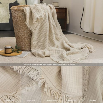 FOSSA Muslin Blanket: 4-Layer 100% Cotton Gauze Blanket with Fringe 98"x98" - color: Beige, size: Oversize Queen(98" × 98")