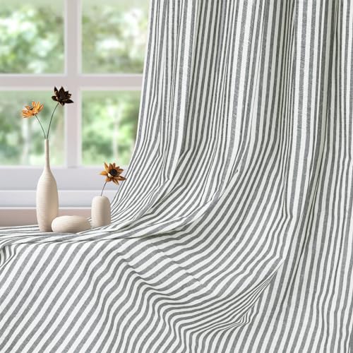 ASPMIZ Cotton Linen Farmhouse Curtains Boho Rustic Button Curtain, Linen Window Curtain Panels Green Stripe Country Curtains for Living Room Bedroom, Back Tab Window Drapes, 52 x 84 Inch, 2 Panels - color: Beige&green, size: 52"W x 84"L (Pack of 2)