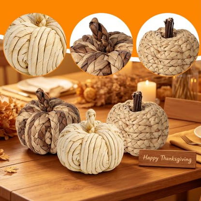Lulu Home Set of 3 Handwoven Pumpkins Decor - color: Cream & Brown Blend