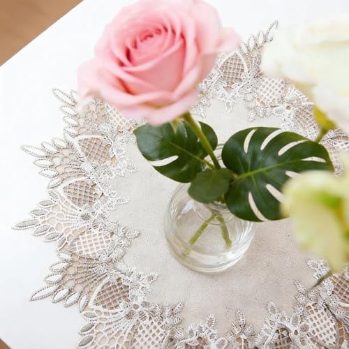 2 Pcs Lace Doily, 15" Round Neutral Earth Tones Beige Lace Coffee Table Topper Linen Style Tablecloth Placemats with Embroidery Edge for Dining Room - size: 15"