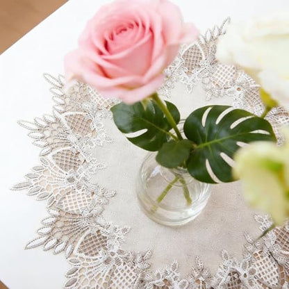 2 Pcs Lace Doily, 15" Round Neutral Earth Tones Beige Lace Coffee Table Topper Linen Style Tablecloth Placemats with Embroidery Edge for Dining Room - size: 15"