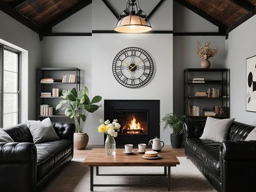 30" Large Wall Clock Decorative for Living Room, Black Metal Roman Numeral Big Clock Completely Silent, Oversized Wall Clocks Battery Operated for Kitchen, Bedroom, Fireplace - size: 30 inch