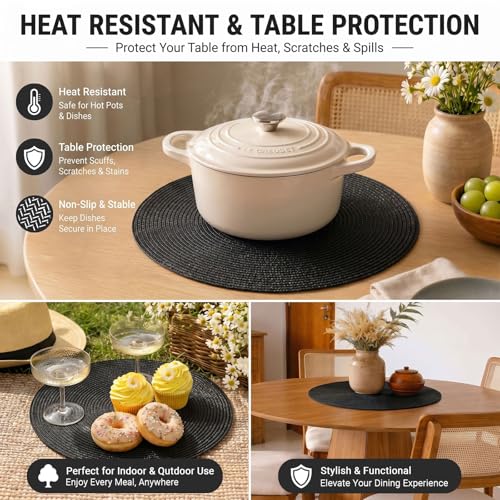 FunWheat Round Braided Placemats Set of 6 Place Mats for Dining Table Woven Washable Non-Slip Table Mats 15 Inch (Black, 6pcs) - color: Black, size: Set of 6