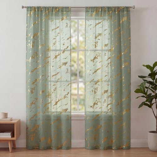 Horaldaily 2Pcs Sage Green Sheer Curtains 52x63in, Gold Sequin Marble - color: Sage Green and Gold, size: 52"W x 63"L (Pack of 2)