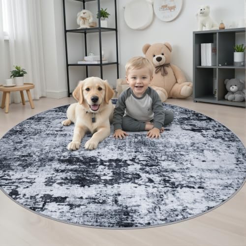 Round Area Rug Living Room: 4 ft Modern Washable Carpet Black - color: Black, size: 4' (Round)