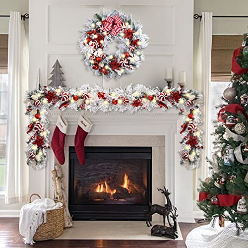 WANNA-CUL Pre-Lit 9ft Christmas Garland with Lights 50 LED Red White Bauble - color: 04-red White