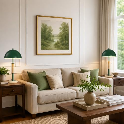 Green Bedside Table Lamp Set 2 Mid Century Modern Tavertine Nightstand Lamp - color: Green