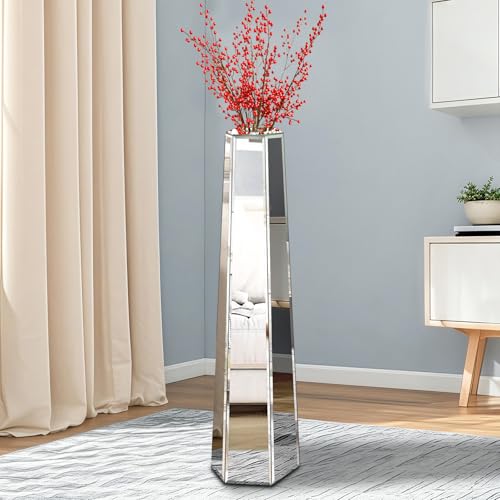 30" Tall Mirrored Floor Vase, Silver Big Vases for Decor Living Room, Home Decorative Vases for Dried Flower - size: 7"L x 7"W x 29.5"H