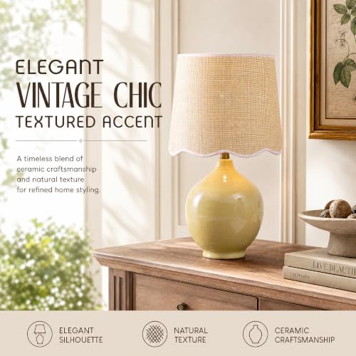 21"H Butter Yellow Ceramic Table Lamp with Beige Faux Rattan Drum Shade - color: Butter Yellow