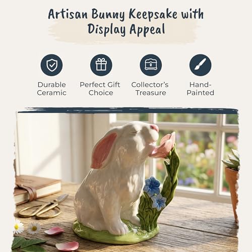 Painted Bunny Smelling Flowers Figurine