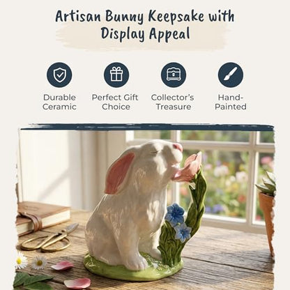 Painted Bunny Smelling Flowers Figurine