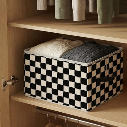 Black and White Checkered Storage Basket Organizer - color: Black and White
