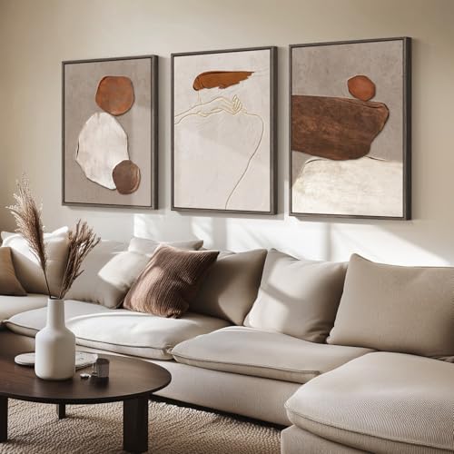 Large Framed Neutral Abstract Wall Art, Set of 3, Beige Brown, 24x36 In - color: Earthy, size: 24" W x 36" H x 3pcs